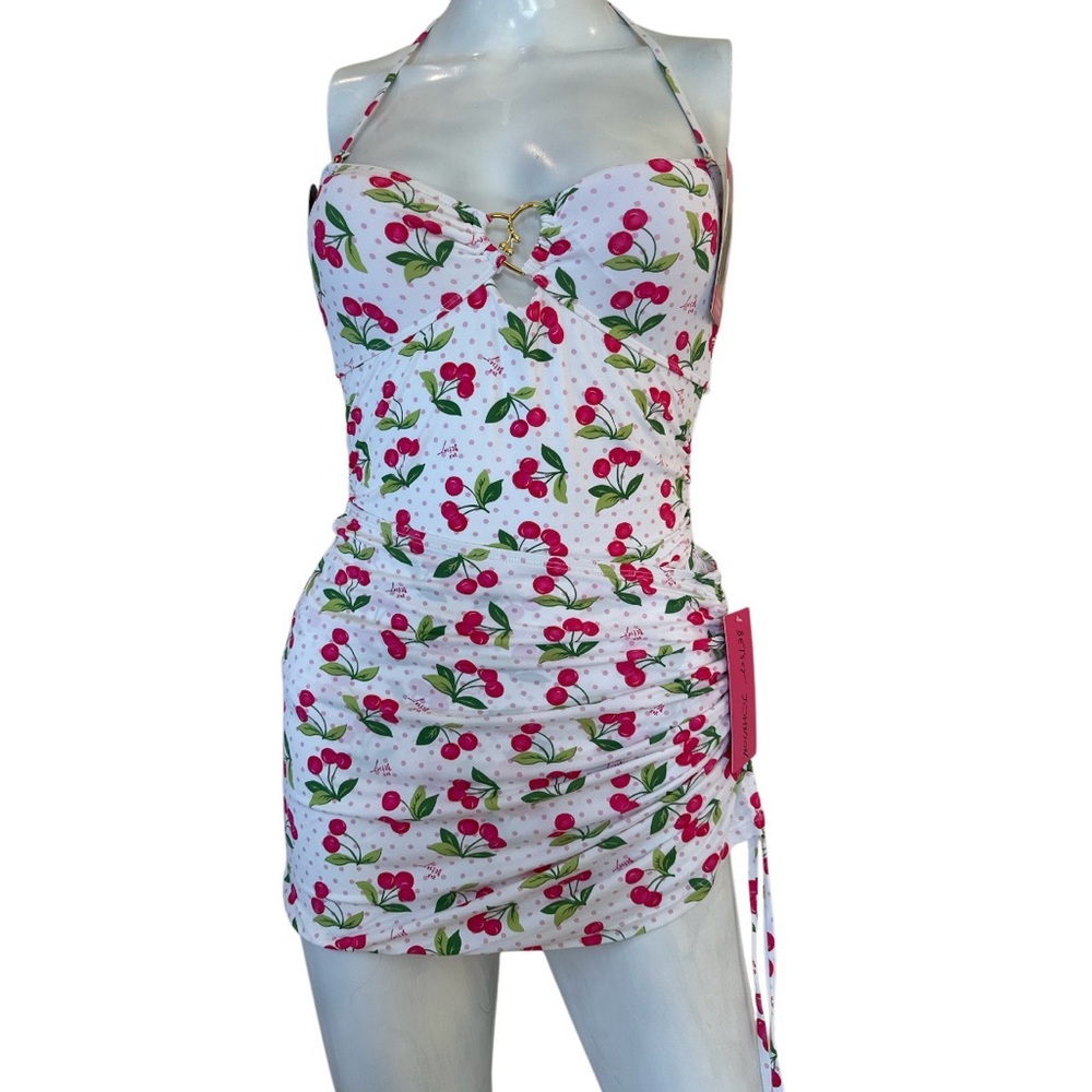 Betsey Johnson Cherry Print One Piece swimsuit Women’s M Skirt included